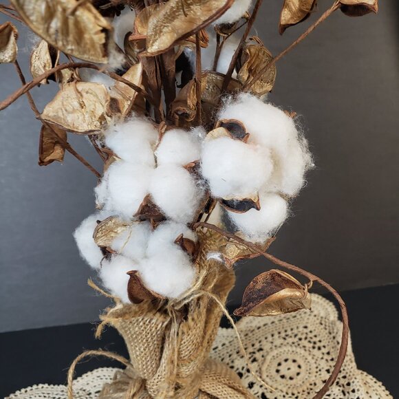 Farmhouse Natural Cotton Stems in a Burlap Vase Decor Country Floral Arrangement - Picture 4 of 8